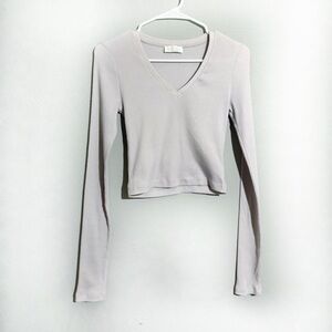 Aritzia Azure Skies Ribbed V-Neck Long Sleeve Layering 100% Cotton Fitted Top